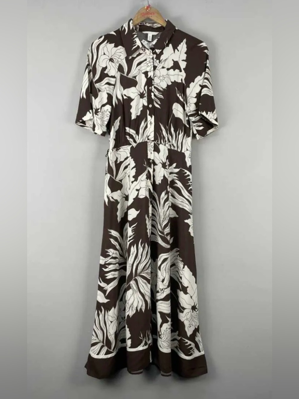 H&M Women's Brown & White Floral Button-Front Dress with belt